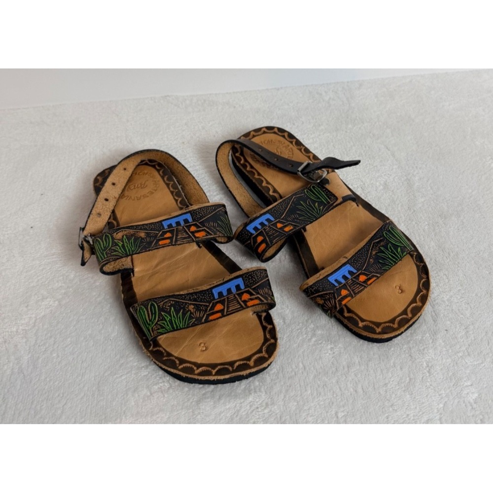 Mexican Handmade Leather Sandals Women's Size 3 Tooled Artisanal Huarache